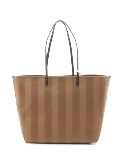 Pre-owned Fendi 2010-2026 Large Zucca Canvas Pequin Striped Reversible Roll Tote Bag In Neutrals