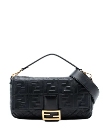 Pre-owned Fendi 2010-2026 Large Zucca Embossed Leather Baguette Satchel In Black