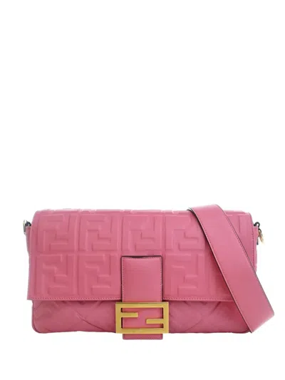 Pre-owned Fendi 2010-2026 Large Zucca Embossed Leather Baguette Satchel In Pink