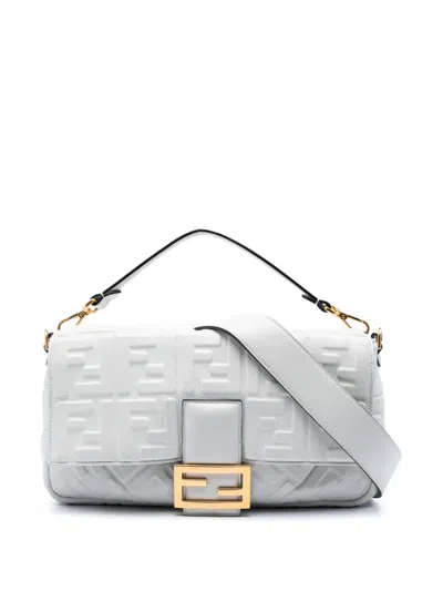 Pre-owned Fendi 2010-2026 Large Zucca Embossed Leather Baguette Satchel In White