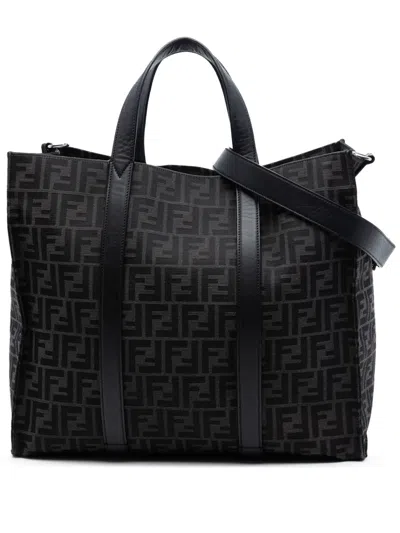 Pre-owned Fendi 2010-2026 Large Zucca Jacquard Shopper Tote Satchel In Black