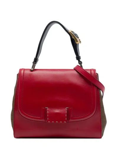 Pre-owned Fendi 2010-2026 Leather And Pequin Canvas Selleria Silvana Satchel In Red