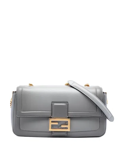 Pre-owned Fendi 2010-2026 Leather Baguette Chain Midi Shoulder Bag In Gray