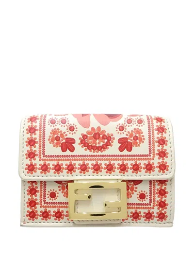 Pre-owned Fendi 2010-2026 Leather Coral Bandana Baguette Micro Trifold Wallet Small Wallets In Red
