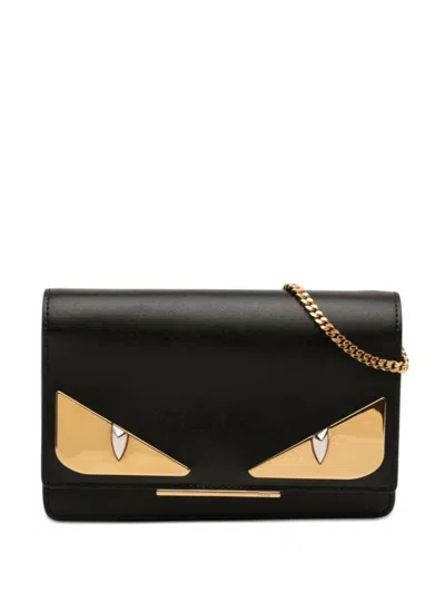 Pre-owned Fendi 2010-2026 Leather Eye Monster Tube Wallet On Chain Crossbody Bag In Black