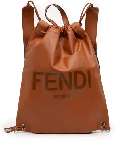 Pre-owned Fendi 2010-2026 Leather Logo Drawstring Backpack In Brown