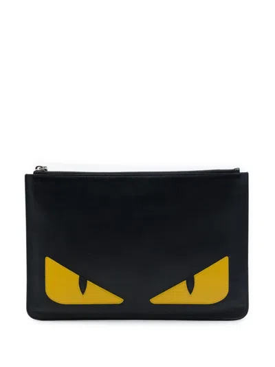 Pre-owned Fendi 2010-2026 Leather Monster Clutch Bag In Black