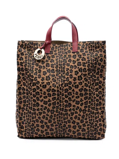 Pre-owned Fendi 2010-2026 Leopard Printed Canvas Shopping Tote Bag In Brown