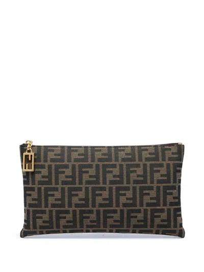 Pre-owned Fendi 2010-2026 Medium Ff Jacquard Flat Baguette Pouch Clutch Bag In Brown