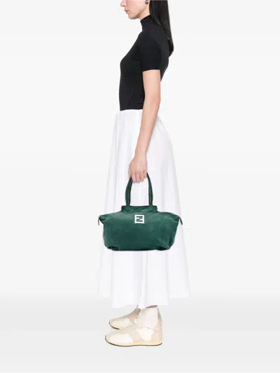 Pre-owned Fendi 2010-2026 Medium Ff Nubuck Chains Tote Bag In Green