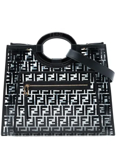 Pre-owned Fendi 2010-2026 Medium Ff Pvc And Vitello Century Runaway Shopper Tote Satchel In Black