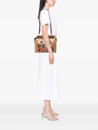 Pre-owned Fendi 2010-2026 Medium Leather Flowerland Dotcom Satchel In Brown