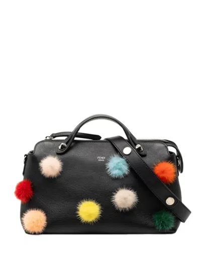 Pre-owned Fendi 2010-2026 Medium Leather Pompom By The Way Satchel In Black