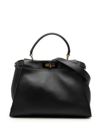 Pre-owned Fendi 2010-2026 Medium Leather Selleria Peekaboo Iconic Satchel In Black