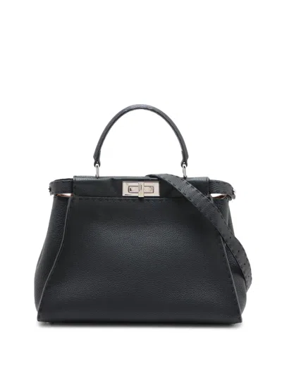 Pre-owned Fendi 2010-2026 Medium Leather Selleria Peekaboo Iconic Satchel In Black