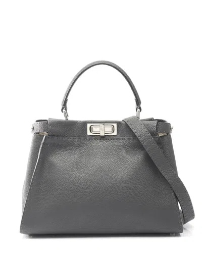 Pre-owned Fendi 2010-2026 Medium Leather Selleria Peekaboo Iconic Satchel In Gray