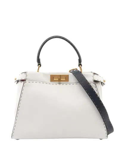 Pre-owned Fendi 2010-2026 Medium Leather Selleria Peekaboo Iconic Satchel In White