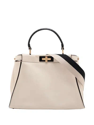 Pre-owned Fendi 2010-2026 Medium Leather Selleria Peekaboo Iconic Satchel In White