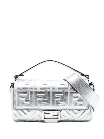 Pre-owned Fendi 2010-2026 Medium Metallic Leather Embossed Ff Baguette Satchel In Silver