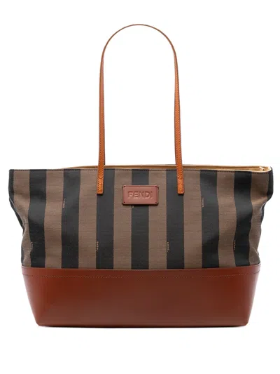 Pre-owned Fendi 2010-2026 Medium Pequin Canvas Roll Tote Bag In Brown