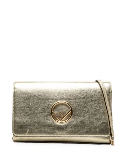Pre-owned Fendi 2010-2026 Metallic Calfskin F Is  Kan I Wallet On Chain Crossbody Bag In Gold