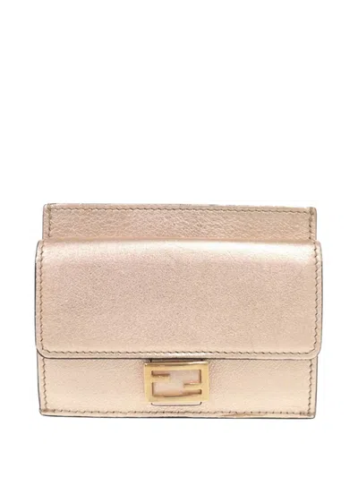 Pre-owned Fendi 2010-2026 Metallic Calfskin Ff 1974 Baguette Card Holder In Pink