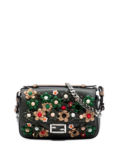 Pre-owned Fendi 2010-2026 Micro Bicolor Leather Flowerland Double Baguette Satchel In Green