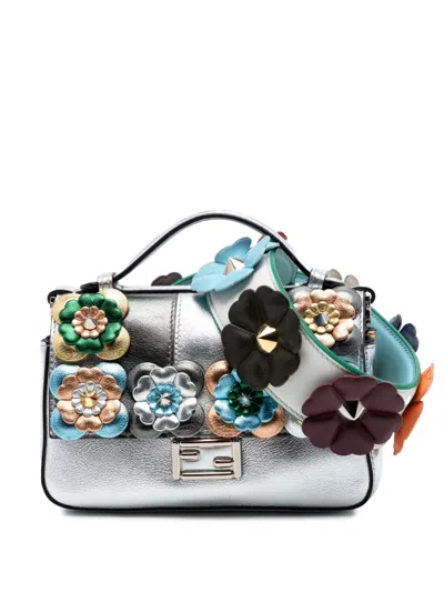 Pre-owned Fendi 2010-2026 Micro Bicolor Metallic Leather Flowerland Double Baguette Satchel In Silver
