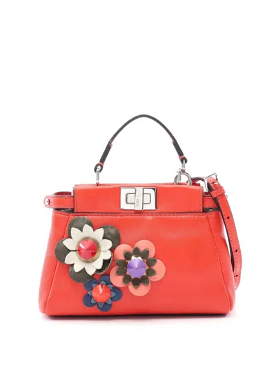 Pre-owned Fendi 2010-2026 Micro Leather Flowerland Peekaboo Satchel In Red