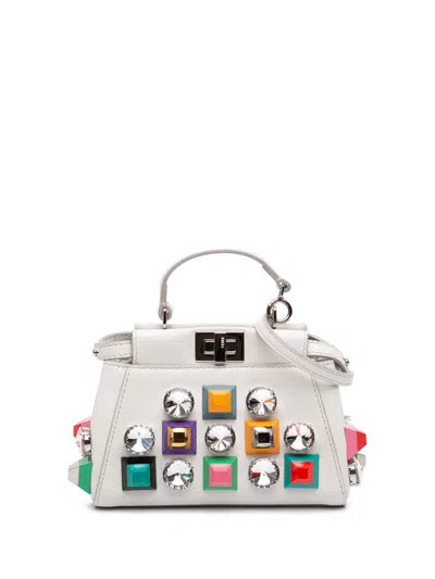 Pre-owned Fendi 2010-2026 Micro Studded Calfskin Peekaboo Iconic Satchel In White