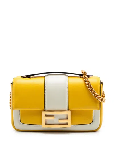 Pre-owned Fendi 2010-2026 Mini Bicolor Nappa Apolo Chain Baguette Shoulder Bag In Yellow