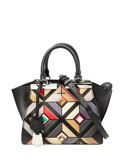 Pre-owned Fendi 2010-2026 Mini Calfskin Studded Geometric 3jours Satchel In Black