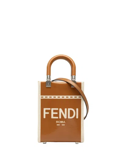 Pre-owned Fendi 2010-2026 Mini Patent And Canvas Sunshine Shopper Tote Satchel In Brown
