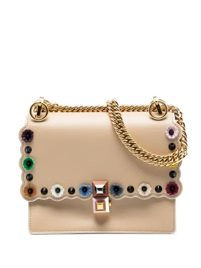 Pre-owned Fendi 2010-2026 Mini Scalloped Leather And Studded Floral Kan I Crossbody Bag In Neutral