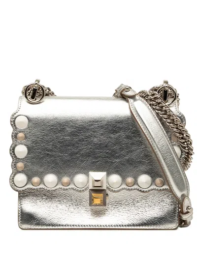 Pre-owned Fendi 2010-2026 Mini Scalloped Metallic Leather And Pearls Kan I Crossbody Bag In Silver