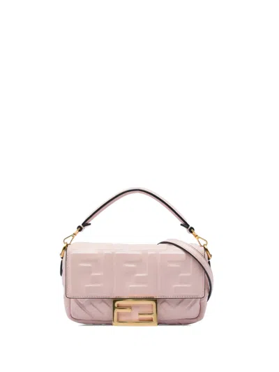 Pre-owned Fendi 2010-2026 Mini Zucca Embossed Leather Baguette Satchel In 粉色