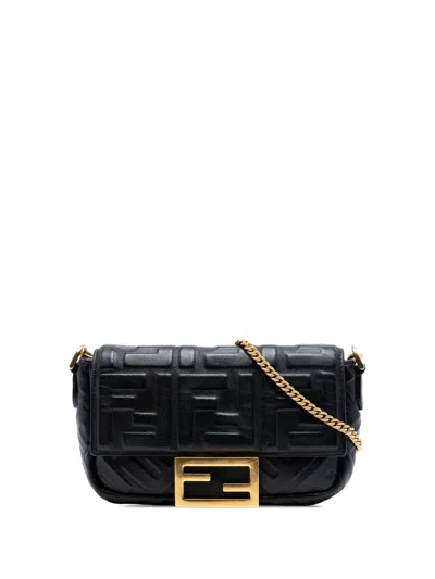 Pre-owned Fendi 2010-2026 Mini Zucca Embossed Leather Baguette Satchel In Black