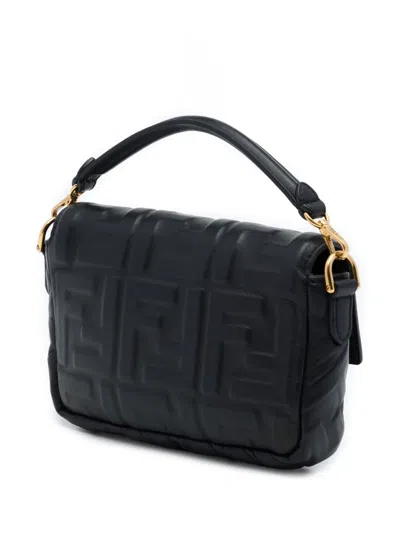 Pre-owned Fendi 2010-2026 Mini Zucca Embossed Leather Baguette Satchel In Black
