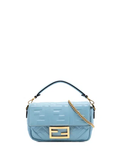 Pre-owned Fendi 2010-2026 Mini Zucca Embossed Leather Baguette Satchel In Blue