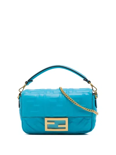 Pre-owned Fendi 2010-2026 Mini Zucca Embossed Leather Baguette Satchel In Blue