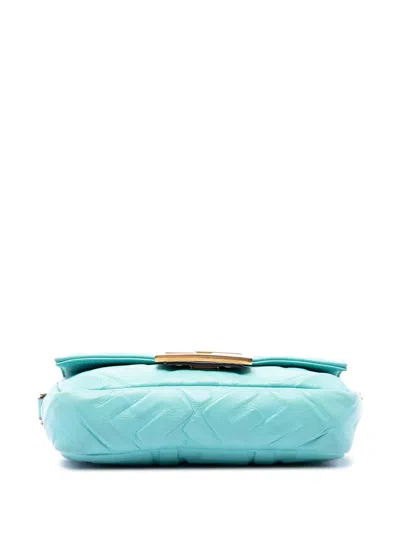 Pre-owned Fendi 2010-2026 Mini Zucca Embossed Leather Baguette Satchel In Blue