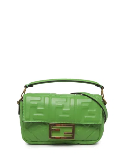 Pre-owned Fendi 2010-2026 Mini Zucca Embossed Leather Baguette Satchel In Green