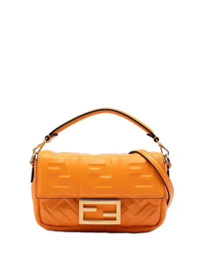 Pre-owned Fendi 2010-2026 Mini Zucca Embossed Leather Baguette Satchel In Orange