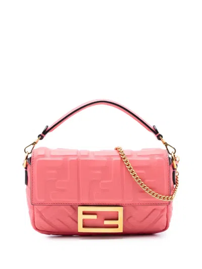 Pre-owned Fendi 2010-2026 Mini Zucca Embossed Leather Baguette Satchel In Pink
