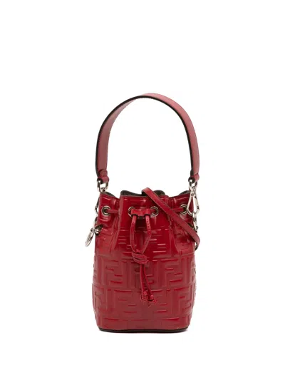 Pre-owned Fendi 2010-2026 Mini Zucca Embossed Leather Mon Tresor Bucket Bag Satchel In Red