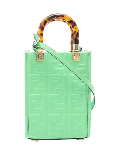 Pre-owned Fendi 2010-2026 Mini Zucca Embossed Leather Sunshine Shopper Tote Satchel In Green