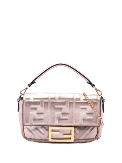 Pre-owned Fendi 2010-2026 Mini Zucca Embossed Metallic Leather Baguette Satchel In Pink