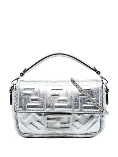 Pre-owned Fendi 2010-2026 Mini Zucca Embossed Metallic Leather Baguette Satchel In Silver