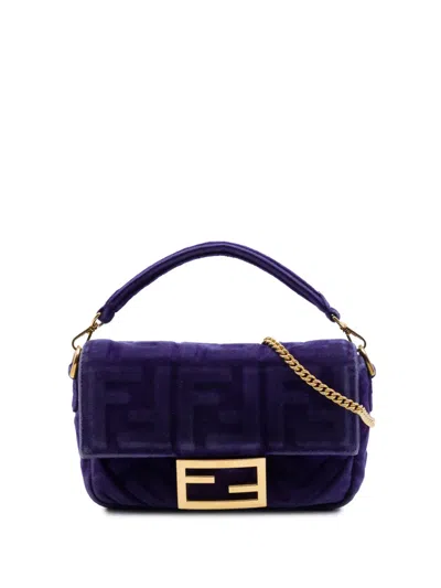 Pre-owned Fendi 2010-2026 Mini Zucca Embossed Velvet Baguette Satchel In Purple