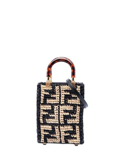 Pre-owned Fendi 2010-2026 Mini Zucca Raffia Sunshine Shopper Tote Satchel In Black